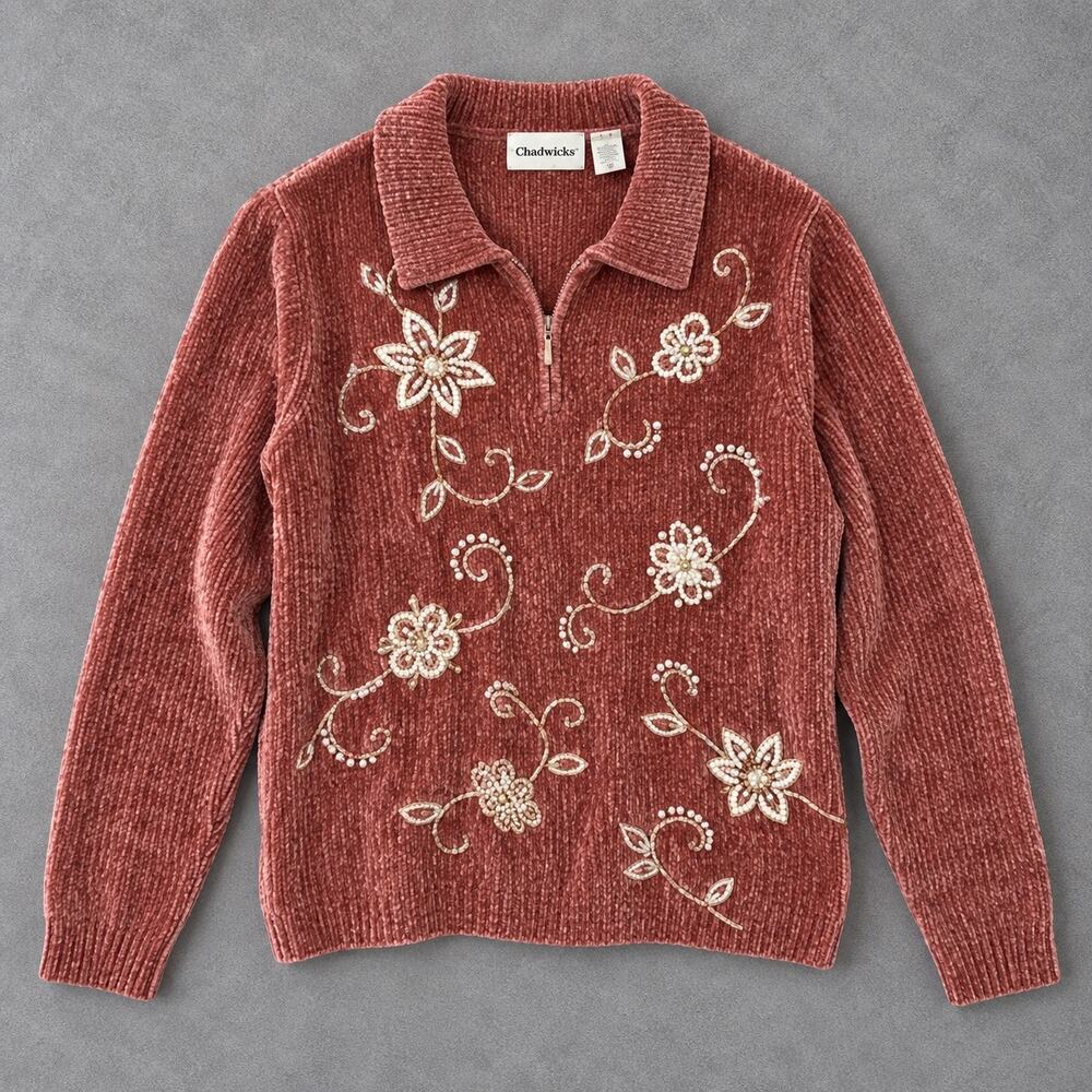 Alfred Dunner Women’s XL Coral Pink Full Zip Sweater Embroidered Flowers